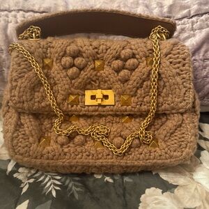 Valentino Tan and Gold Shoulder Bag with Plush Texture Valentino wool handbag wi